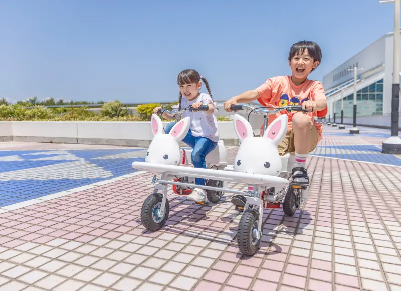 乘坐兔子型踏板車的孩子們